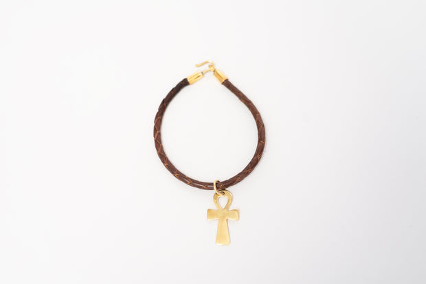 Cordon en Cuir + Pendentif Croix Ank en bronze (3 cm)